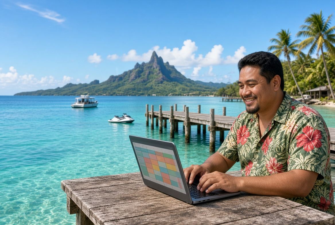 Guide polynésien consultant son planning de réservations sur un ordinateur portable, au bord du lagon